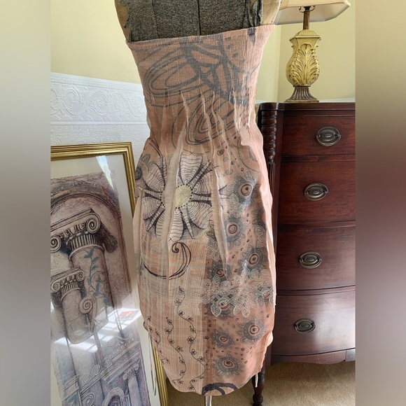 Vintage 90’s Dress Strapless Abstract Floral Beige With Pull-string Hem Size Med - Picture 9 of 10